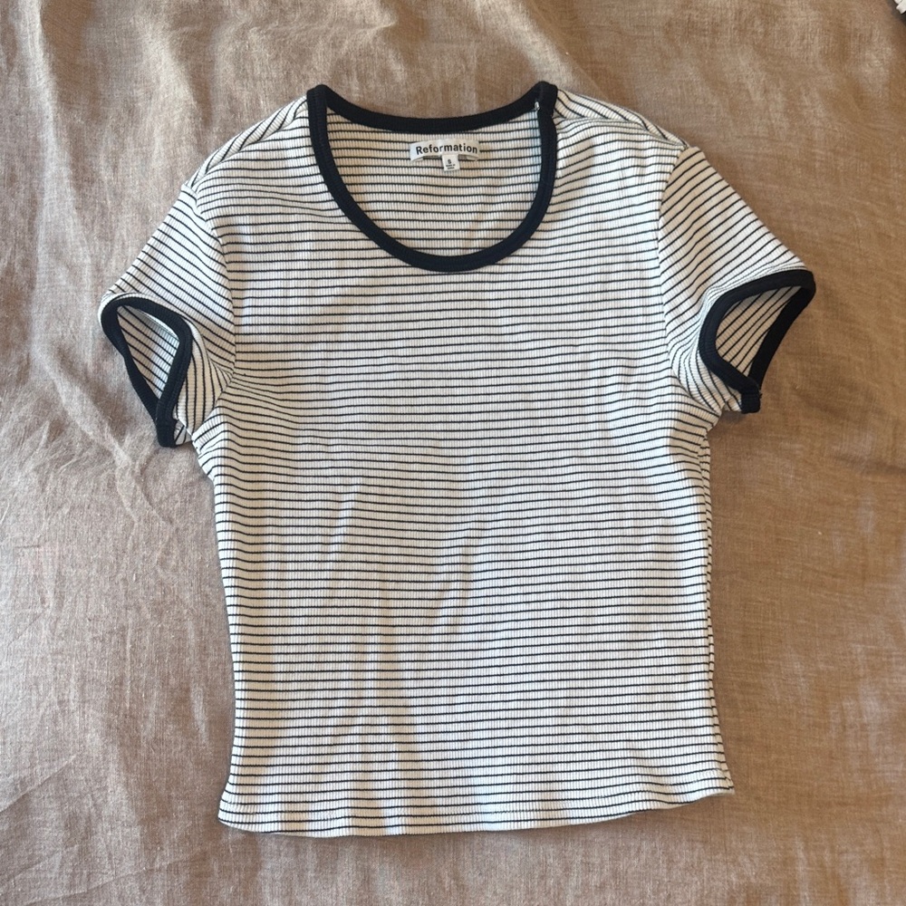 Reformation White Tee with Black Trim and Micro Stripes